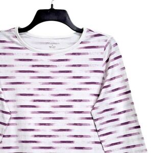 Appleseeds Top Women Small White Purple 3/4 Sleeve Striped Watercolor Knit